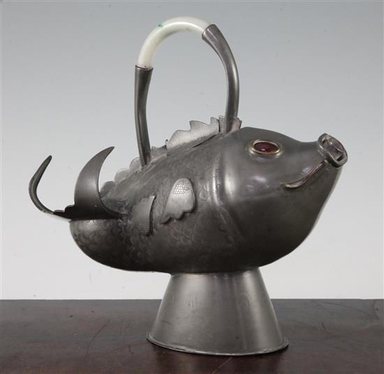 A Chinese pewter and hardstone mounted fish water pot, late 19th / early 20th century, height 22cm